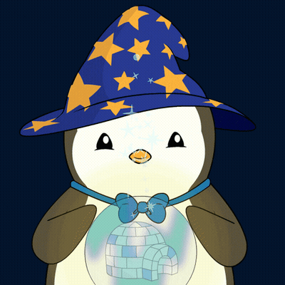 A Penguin Wearing A Wizard Hat Is Holding A Globe With An Igloo Inside GIF