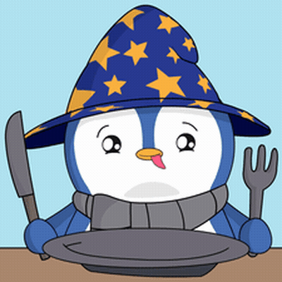 A Penguin Wearing A Wizard Hat Is Holding A Knife And Fork Over An Empty Plate GIF