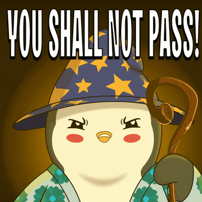 A Penguin Wearing A Wizard 'S Hat And Holding A Cane Says " You Shall Not Pass " GIF