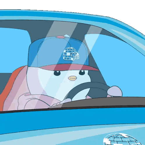 A Penguin Wearing An Igloo Hat Driving A Car Sticker
