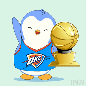 A Penguin Wearing An Okc Jersey Is Holding A Trophy GIF