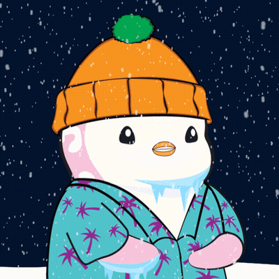 A Penguin Wearing An Orange Hat And A Blue Shirt With Palm Trees GIF