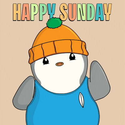 A Penguin Wearing An Orange Hat And A Blue Tank Top With The Words Happy Sunday Above It GIF