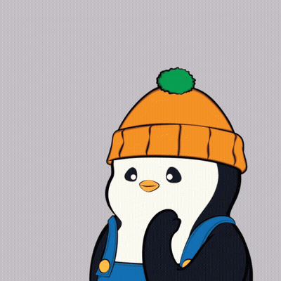 A Penguin Wearing An Orange Hat And Blue Overalls With The Word Periodt Written Above It GIF