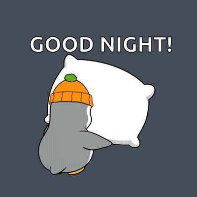 A Penguin Wearing An Orange Hat Is Sleeping On A White Pillow With The Words Good Night Written Above It GIF