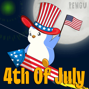 A Penguin Wearing An Uncle Sam Hat Is Holding An American Flag And A Fireworks Display On The 4Th Of July GIF