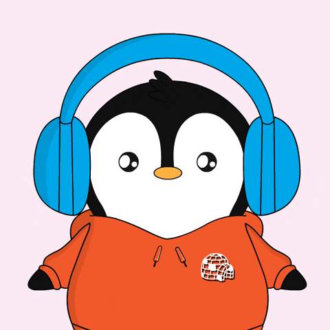 A Penguin Wearing Blue Headphones And An Orange Sweatshirt GIF
