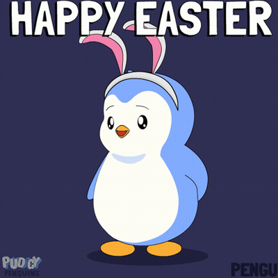 A Penguin Wearing Bunny Ears Holds An Easter Egg GIF