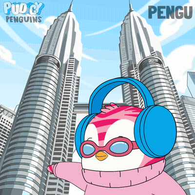A Penguin Wearing Ear Muffs And Sunglasses Is Standing In Front Of A City Skyline With The Name Pengu On The Bottom GIF