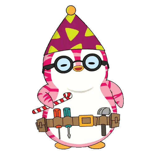A Penguin Wearing Glasses And A Party Hat With Tools Around Its Waist Sticker