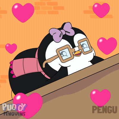 A Penguin Wearing Glasses And A Pink Bow Is Surrounded By Pink Hearts And The Word Pengu On The Bottom GIF