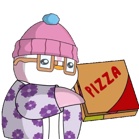 A Penguin Wearing Glasses And A Pink Hat Is Holding A Box Of Pizza Sticker