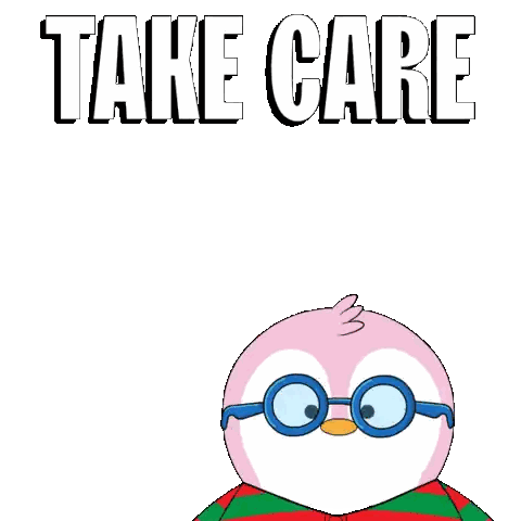 A Penguin Wearing Glasses And A Pink Hat Is Standing Next To Another Penguin With The Words Take Care Written Above Them Sticker