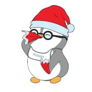 A Penguin Wearing Glasses And A Santa Hat With The Name Pudgy On It Sticker