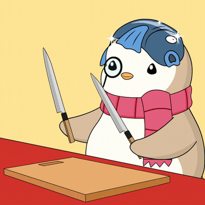 A Penguin Wearing Glasses And A Scarf Holds Two Knives In Front Of A Cutting Board GIF