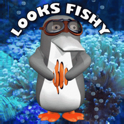A Penguin Wearing Goggles And Holding A Fish With The Words Looks Fishy Above Him GIF