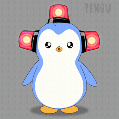 A Penguin Wearing Headphones And A Red Light On Its Head With The Word Pengu On The Bottom GIF