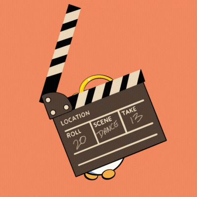 A Penguin Wearing Headphones Holds A Clapper Board That Says Location GIF