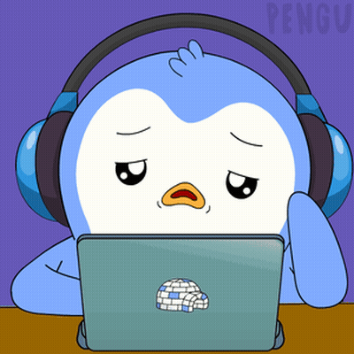 A Penguin Wearing Headphones Is Looking At A Laptop Computer GIF