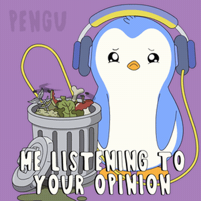 A Penguin Wearing Headphones Is Standing Next To A Trash Can That Says " He Listening To Your Opinion " GIF