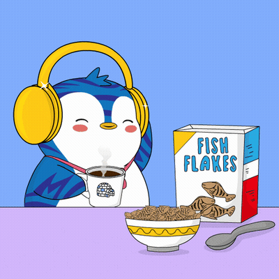 A Penguin Wearing Headphones Sits At A Table With A Bowl Of Fish Flakes And A Box Of Fish Flakes GIF