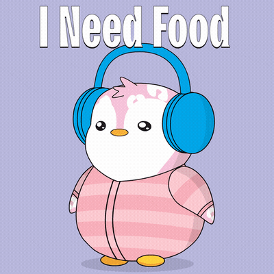 A Penguin Wearing Headphones With The Words " I Need Food " Below It GIF