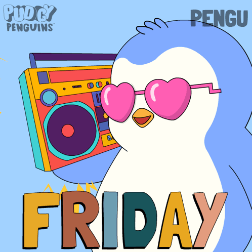 A Penguin Wearing Heart Shaped Sunglasses Stands In Front Of A Boombox With The Word Friday Below It GIF