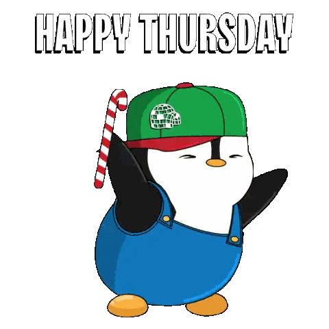 A Penguin Wearing Overalls And A Green Hat Holding A Candy Cane With The Words Happy Thursday Written Below It Sticker