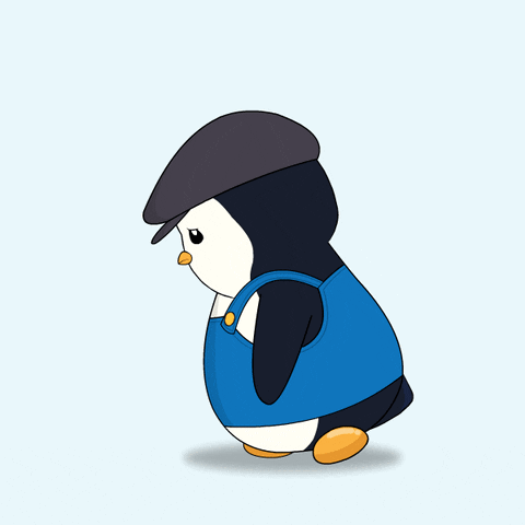 A Penguin Wearing Overalls And A Hat Is Standing On A White Background GIF