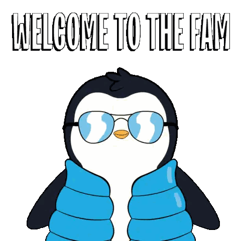 A Penguin Wearing Sunglasses And A Blue Jacket Says " Welcome To The Fam " Sticker