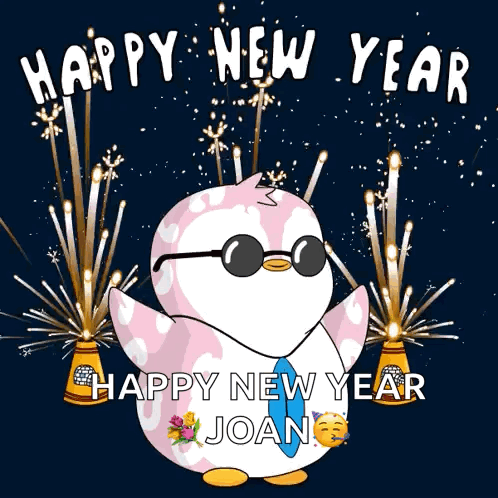 A Penguin Wearing Sunglasses And A Blue Tie Says Happy New Year Joan GIF