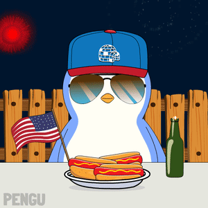 A Penguin Wearing Sunglasses And A Hat Is Sitting At A Table With Hot Dogs And A Bottle Of Beer GIF