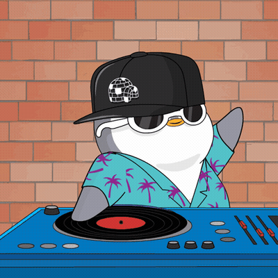 A Penguin Wearing Sunglasses And A Hat Is Standing Behind A Record Player GIF