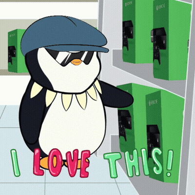 A Penguin Wearing Sunglasses And A Hat Is Standing In Front Of Xbox Boxes GIF