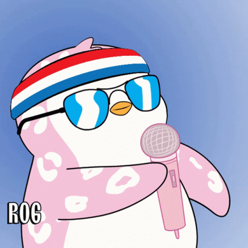 A Penguin Wearing Sunglasses And A Headband Is Holding A Microphone And The Word Rog Is On The Bottom GIF