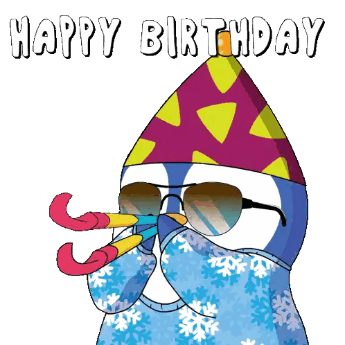 A Penguin Wearing Sunglasses And A Party Hat Blows A Party Horn With The Words Happy Birthday Written Above It Sticker