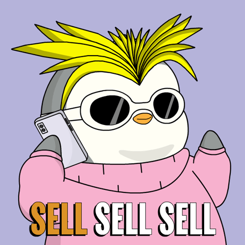 A Penguin Wearing Sunglasses And A Pink Sweater Is Holding A Cell Phone With The Words Sell Sell Sell Below It GIF