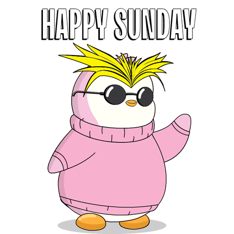 A Penguin Wearing Sunglasses And A Pink Sweater With The Words Happy Sunday Above It GIF
