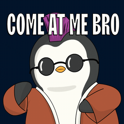A Penguin Wearing Sunglasses And A Purple Hat Says " Come At Me Bro " GIF