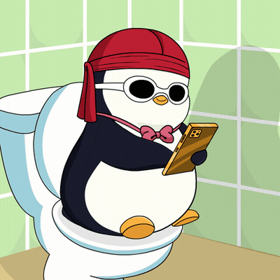 A Penguin Wearing Sunglasses And A Red Bandana Is Sitting On A Toilet GIF