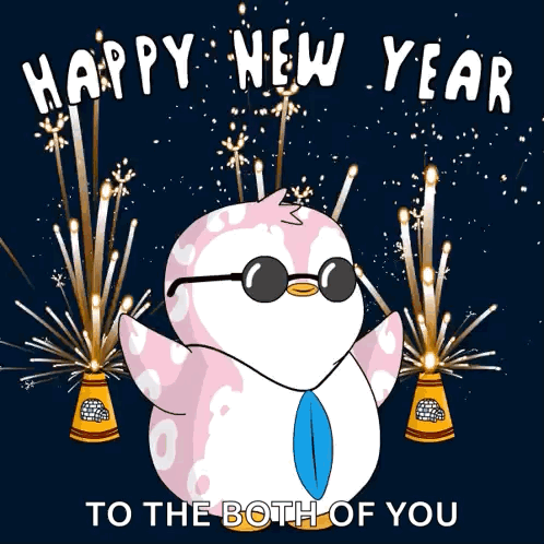 A Penguin Wearing Sunglasses And A Tie Is Surrounded By Fireworks And Says Happy New Year To The Both Of You GIF