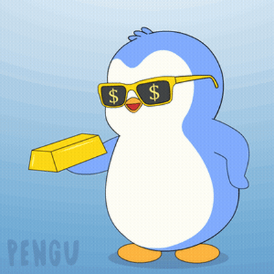 A Penguin Wearing Sunglasses And Holding A Gold Bar With The Word Pengu On The Bottom GIF