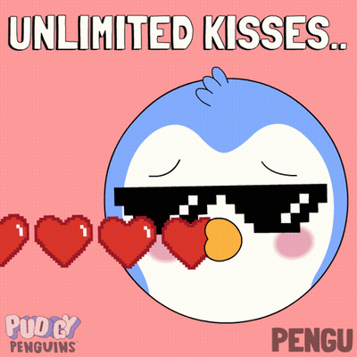 A Penguin Wearing Sunglasses Blowing Hearts With The Words " Unlimited Kisses " Below It GIF