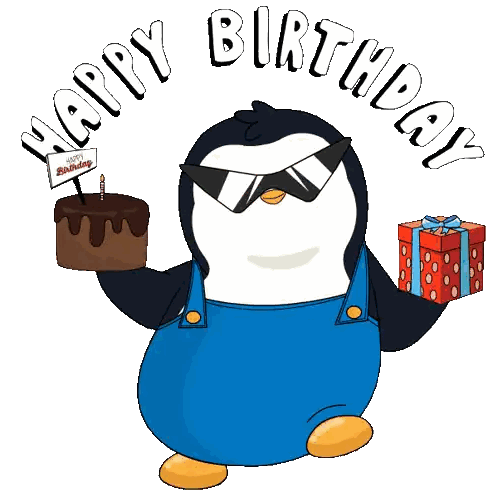 A Penguin Wearing Sunglasses Holds A Cake And A Gift With The Words Happy Birthday Above Him Sticker