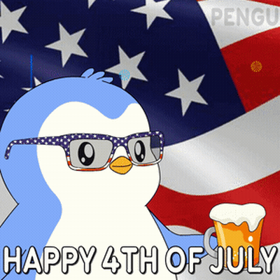 A Penguin Wearing Sunglasses Holds A Mug Of Beer In Front Of An American Flag GIF