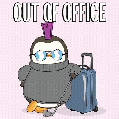 A Penguin Wearing Sunglasses Is Holding A Golf Club And A Suitcase With The Words Out Of Office Above It GIF