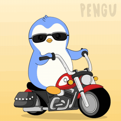 A Penguin Wearing Sunglasses Is Riding A Motorcycle With The Word Pengu Behind Him GIF