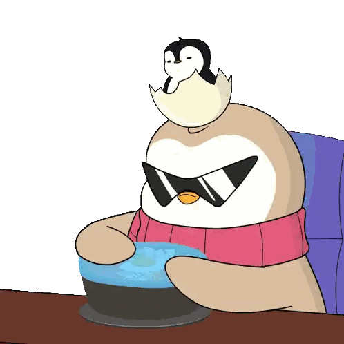 A Penguin Wearing Sunglasses Sits At A Table Eating A Bowl Of Food Sticker