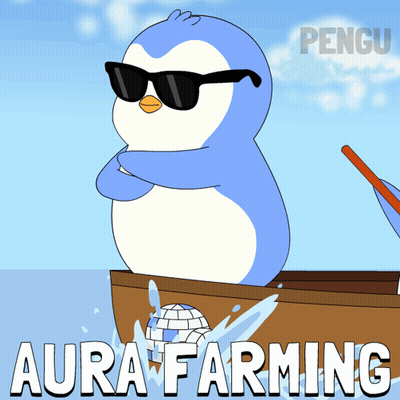 A Penguin Wearing Sunglasses Sits In A Boat With The Words Aura Farming Below Him GIF