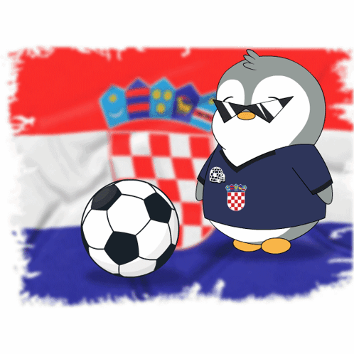 A Penguin Wearing Sunglasses Stands Next To A Soccer Ball In Front Of A Croatia Flag GIF